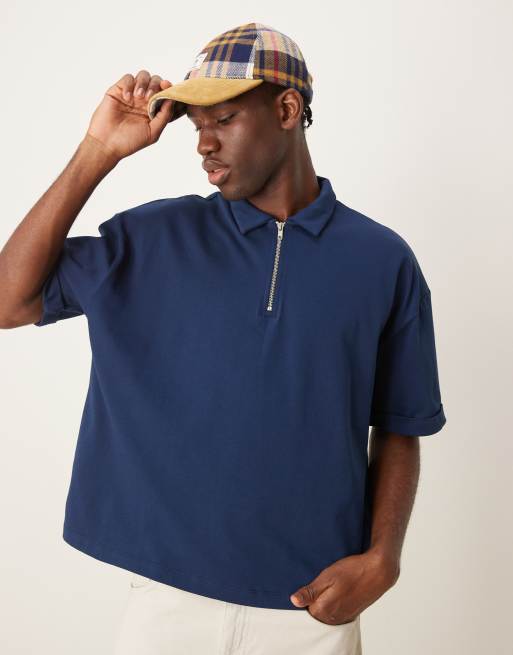 ASOS DESIGN - Kraftig og oversized marineblå poloskjorte med firkantet pasform og oprullede ærmer