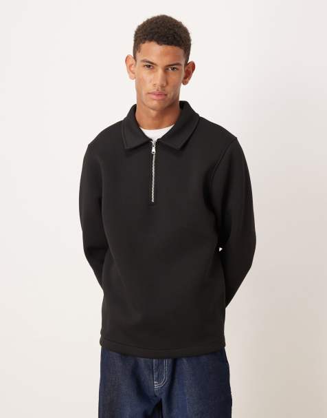 ASOS DESIGN - Kraftig og sort polo-sweatshirt med fastgjort kant i scuba-lignende stof - view 1