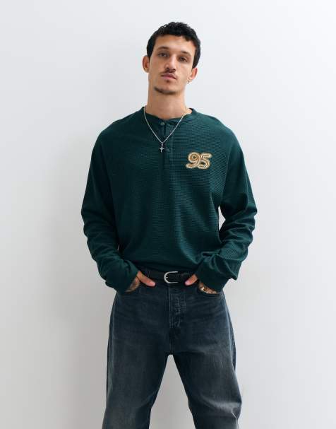 ASOS DESIGN kraftig oversized langærmet henley med 95-broderi i mørkegrøn - view 1