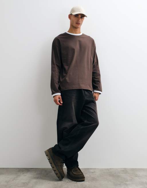 ASOS DESIGN kraftig oversized langærmet ringer-T-shirt i brun, 3 af 5
