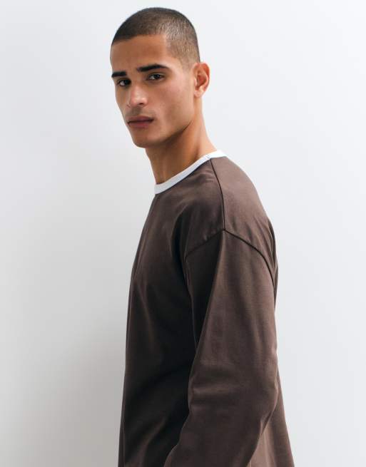 ASOS DESIGN kraftig oversized langærmet ringer-T-shirt i brun, 4 af 5