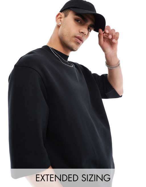 ASOS DESIGN - Kraftig, oversized sweatshirt med korte ærmer i sort