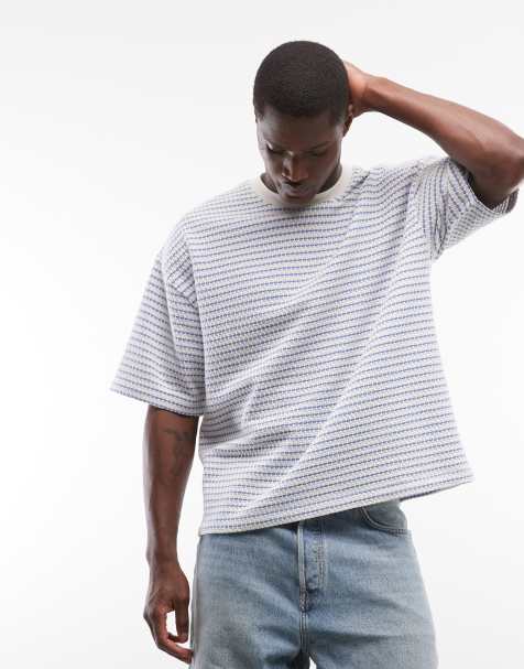 ASOS DESIGN - Kraftig oversized T-shirt med firkantet pasform i stribet blåt tekstureret stof - view 1