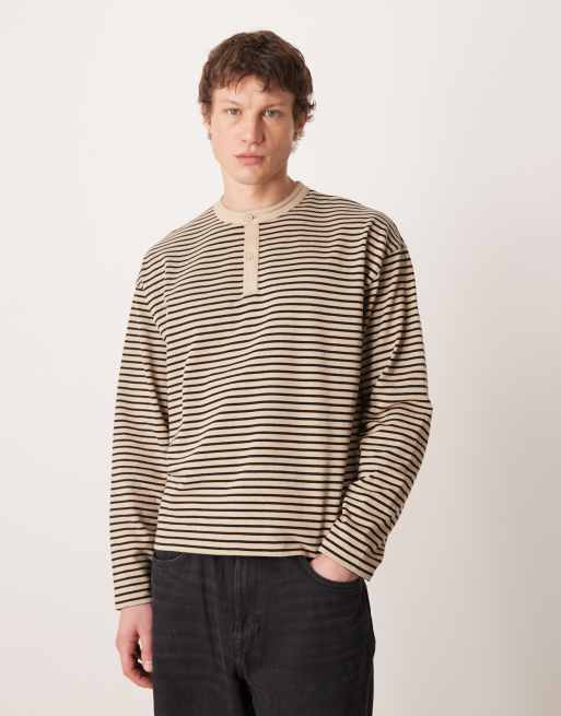 ASOS DESIGN - Kraftig oversized T-shirt med lange ærmer og henleyhals samt sorte og beige striber i firkantet pasform