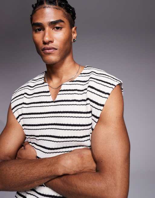 ASOS DESIGN - Kraftig oversized tanktop med sorte og hvide teksturerede striber i firkantet pasform