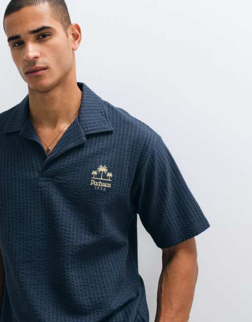 ASOS DESIGN kraftig polo i afslappet pasform med brystbroderi i navy seersucker-stribe, 4 af 5