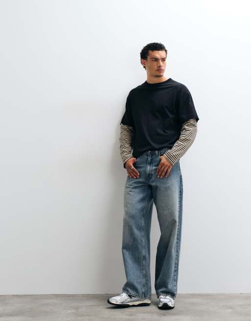 ASOS DESIGN kraftig relaxed T-shirt med dobbelte ærmer med striber i sort, 2 af 5