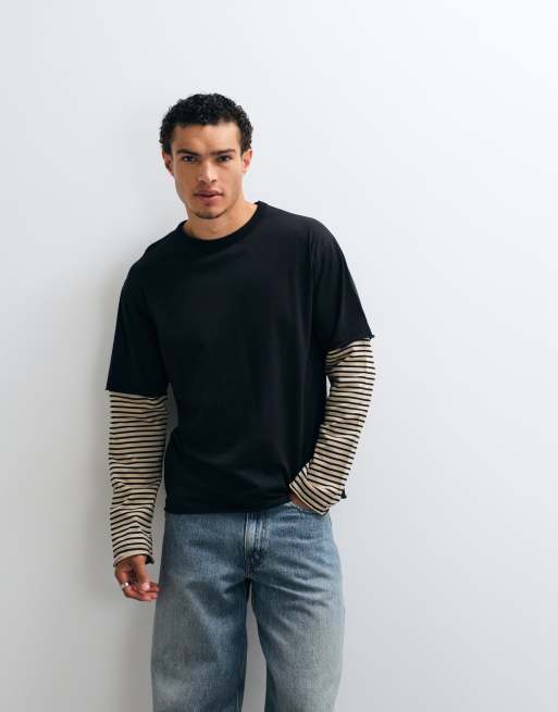 ASOS DESIGN kraftig relaxed T-shirt med dobbelte ærmer med striber i sort, 4 af 5