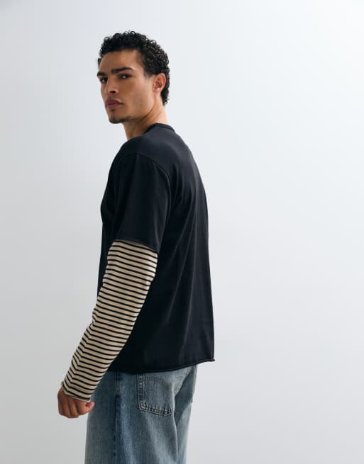 ASOS DESIGN kraftig relaxed T-shirt med dobbelte ærmer med striber i sort, 5 af 5