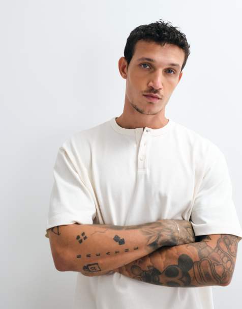 ASOS DESIGN kraftig t-shirt i avslappnad passform med henley-ringning i cream - view 1