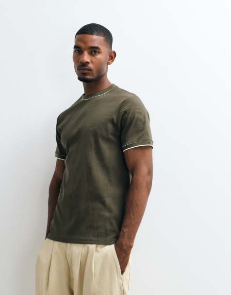 ASOS DESIGN kraftig t-shirt i regular fit med kontrasterande kantband i khaki-struktur - view 1