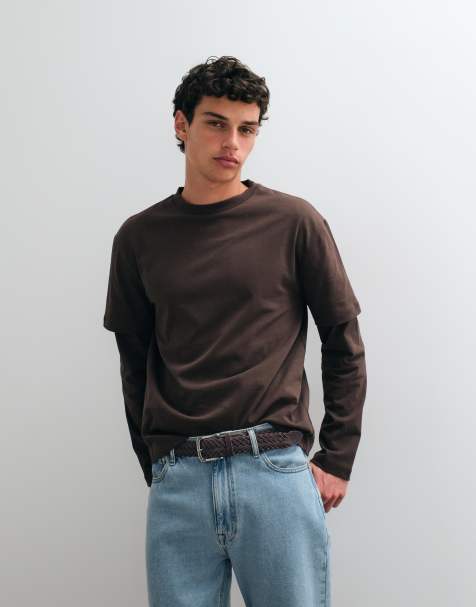 ASOS DESIGN kraftig t-shirt med avslappnad passform och långa ärmar med dubbla ärmar i brun - view 1