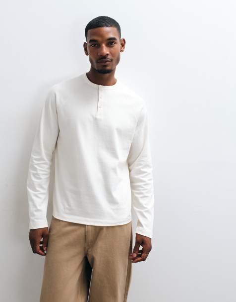 ASOS DESIGN kraftig t-shirt med avslappnad passform och raglanärmar med vävd henley i krämfärg - view 1