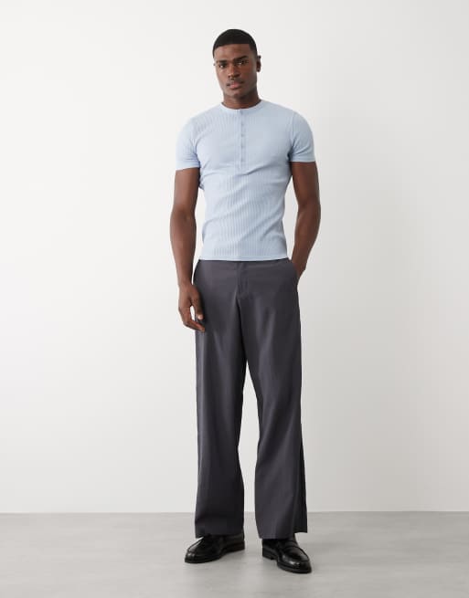 ASOS DESIGN kraftig tætsiddende T-shirt med henley-hals i blå rib, 2 af 5