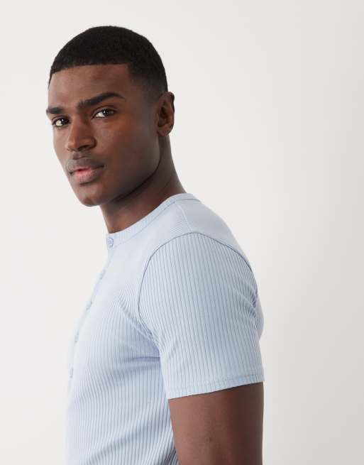 ASOS DESIGN kraftig tætsiddende T-shirt med henley-hals i blå rib, 5 af 5