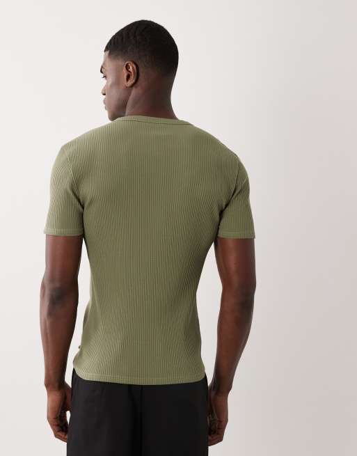 ASOS DESIGN kraftig tætsiddende T-shirt med henley-hals i khaki rib, 3 af 5