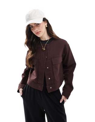 ASOS DESIGN - Kragenlose Jacke aus Twill in Schokobraun-Keine Farbe