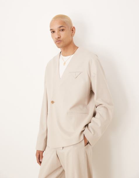 ASOS DESIGN – Kragenlose, kastige Anzugjacke in Steinbeige mit Leinenanteil - view 1