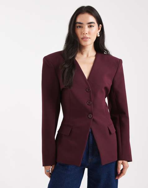 ASOS DESIGN – Kragenloser Blazer in Pflaumenlila mit 3 Knöpfen und Raffung in der Taille - view 1