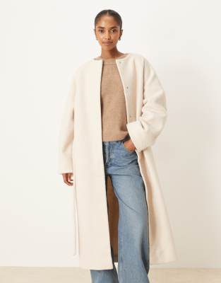 ASOS DESIGN - Kragenloser, eleganter Longline-Mantel aus Bouclé in Hellbeige-Neutral