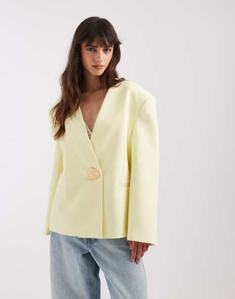 ASOS DESIGN – Kragenloser Oversize-Blazer in Gelb mit Besatz - view 1