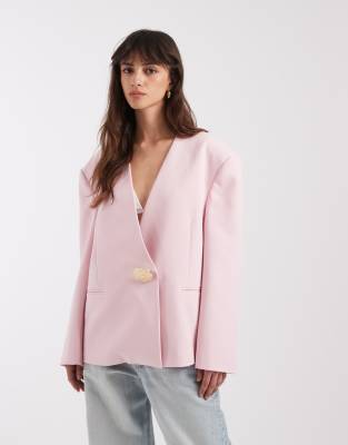 ASOS DESIGN - Kragenloser Oversize-Blazer in Hellrosa mit Besatz