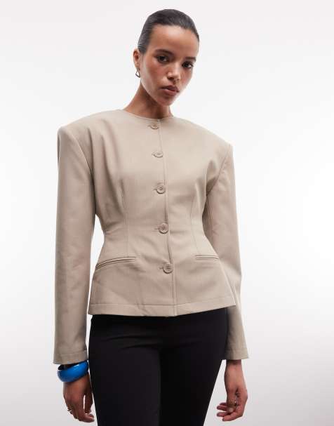 ASOS DESIGN – Kragenloser, taillierter Blazer in Anthrazit mit Knopfleiste - view 1