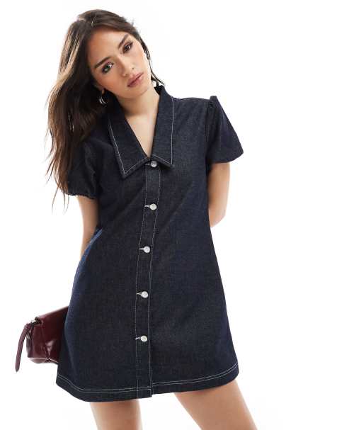 ASOS DESIGN – Kragenloses Kleid in Rinse-Waschung mit Puffärmeln - view 1