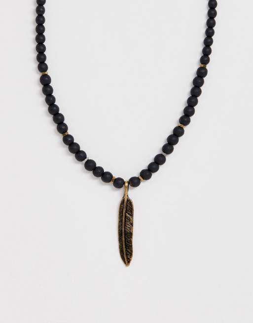 ASOS DESIGN - Kralenketting in zwart met veer