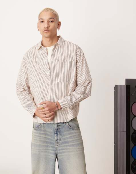 ASOS DESIGN – Krämfärgad randig skjorta i kort design med avslappnad passform - view 1