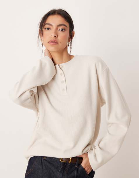 ASOS DESIGN – Krämvit, supermjuk sweatshirt i henleystil och oversize - view 1