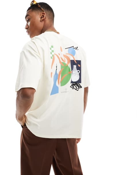 ASOS DESIGN – Krämvit t-shirt i oversize med abstrakt konsttryck baktill - view 1