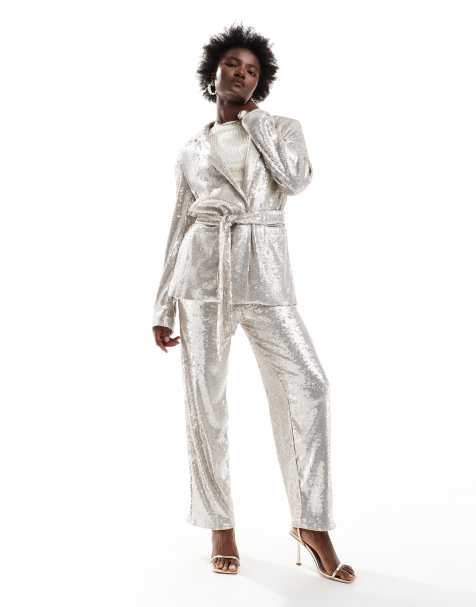 ASOS DESIGN – Krämvita, figursydda, ankellånga byxor med paljetter - view 1