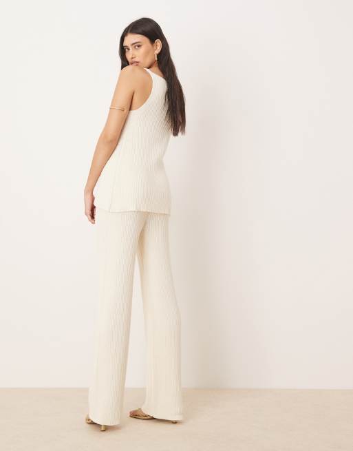 ASOS DESIGN – Krämvita, stickade byxor med vida ben i slubbväv, del av set, 4 av 5