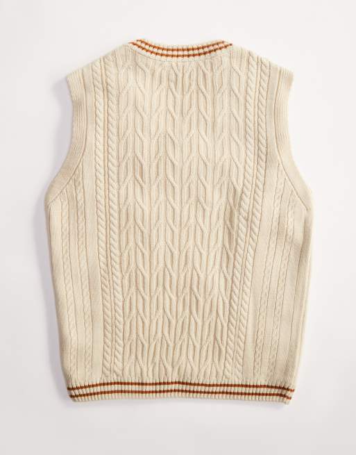 ASOS DESIGN – Krämvitt, kabelstickat sportlinne i oversize med ljusbruna kantränder, 4 av 5