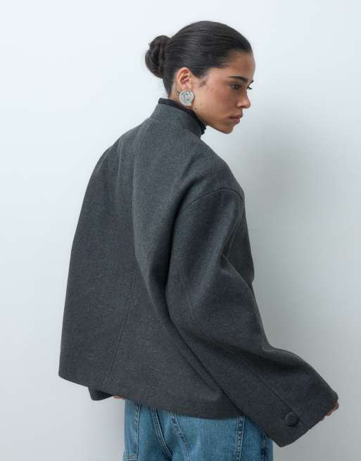 ASOS DESIGN kraveløs formel jakke med frog-lukningstrim i kulgrå, 3 af 4