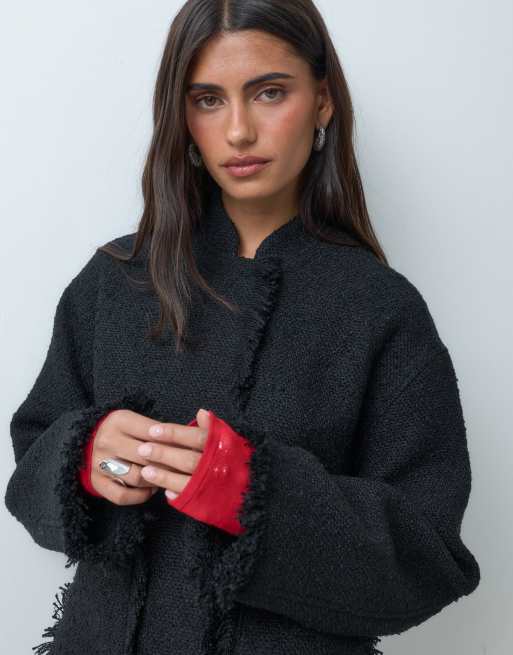 ASOS DESIGN kraveløs jakke i bouclé med uldblanding i sort, 4 af 4