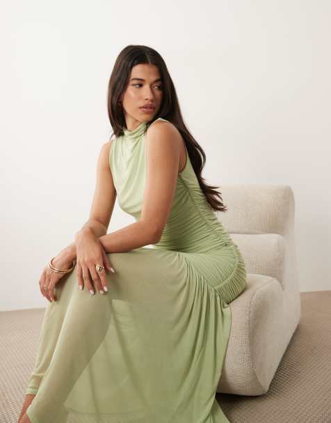 ASOS DESIGN – Kreisförmig gerafftes Kleid in Salbeigrün mit tiefer Taille und Stehkragen - view 1