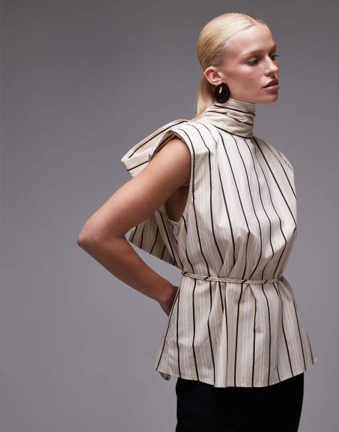 ASOS DESIGN shoulder pad tie neck blouse in buttermilk stripe