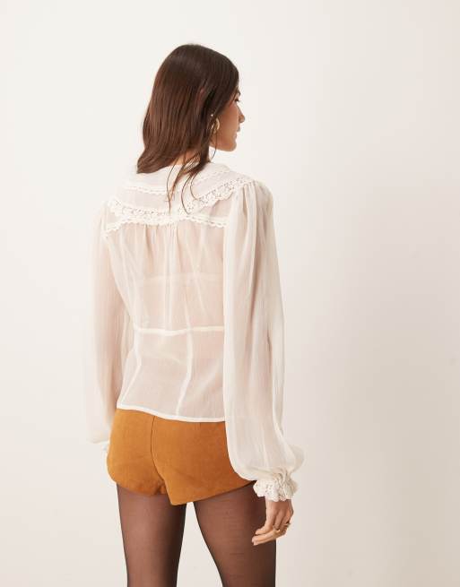 ASOS DESIGN – Kremowa bluzka z kołnierzem i koronkowymi wstawkami, 4 z 4