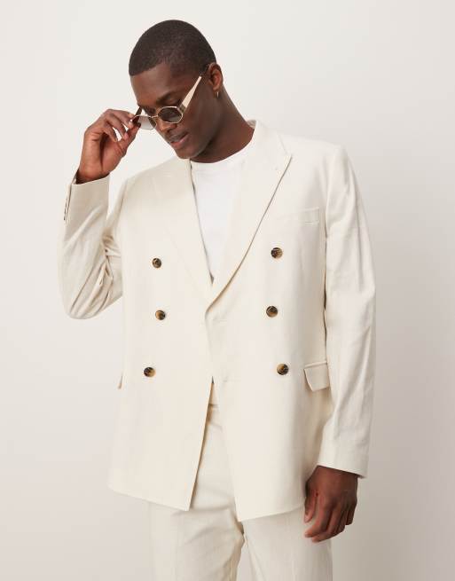 ASOS DESIGN – Kremowa dwurzędowa marynarka garniturowa z materiału z materiału z dodatkiem lnu o dopasowanym kroju