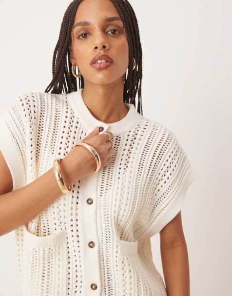 ASOS DESIGN knitted pointelle crew neck boxy waistcoat in cream