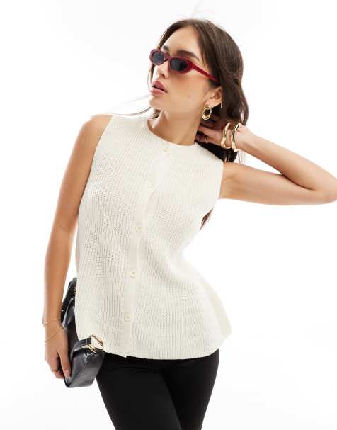 ASOS DESIGN knitted crew neck waistcoat with peplum hem in cream