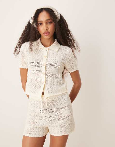 ASOS DESIGN knitted patchwork shirt co-ord in cream