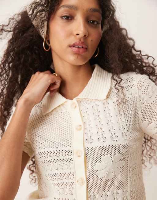 ASOS DESIGN – Kremowa dzianinowa koszula z patchworkowym wzorem, część zestawu, 4 z 4