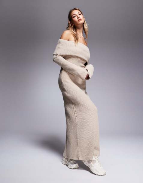 ASOS DESIGN knitted bardot maxi dress with wide sleeve in cream
