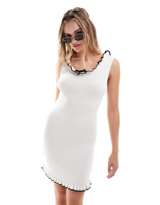 ASOS DESIGN – Kremowa dzianinowa sukienka mini z kontrastowym wykończeniem i wiązaniem