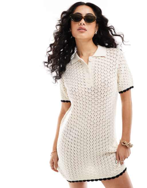 ASOS DESIGN – Kremowa dzianinowa sukienka mini z krótkimi rękawami o ozdobnym splocie z lamówką