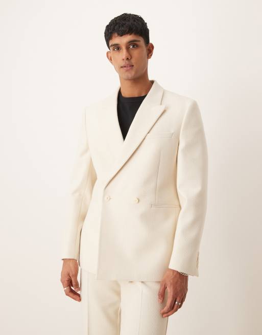 ASOS DESIGN – Kremowa gruba marynarka garniturowa o dopasowanym wydłużonym fasonie