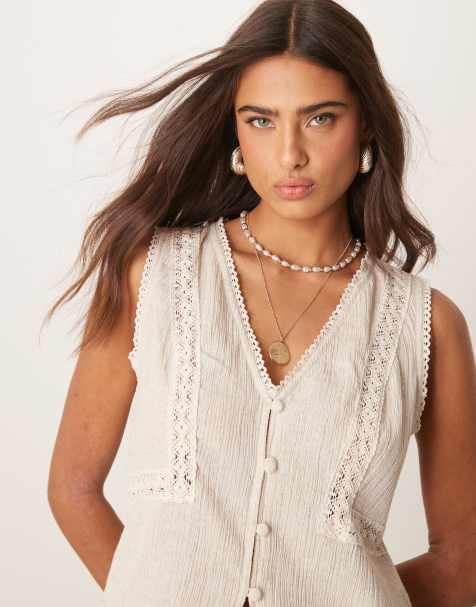 ASOS DESIGN lace trim waistcoat in cream